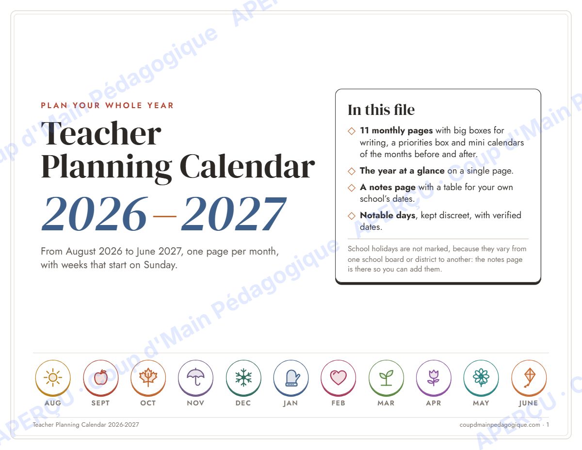 Page 1 — Calendrier du prof 2026-2027 (anglais) — gratuit