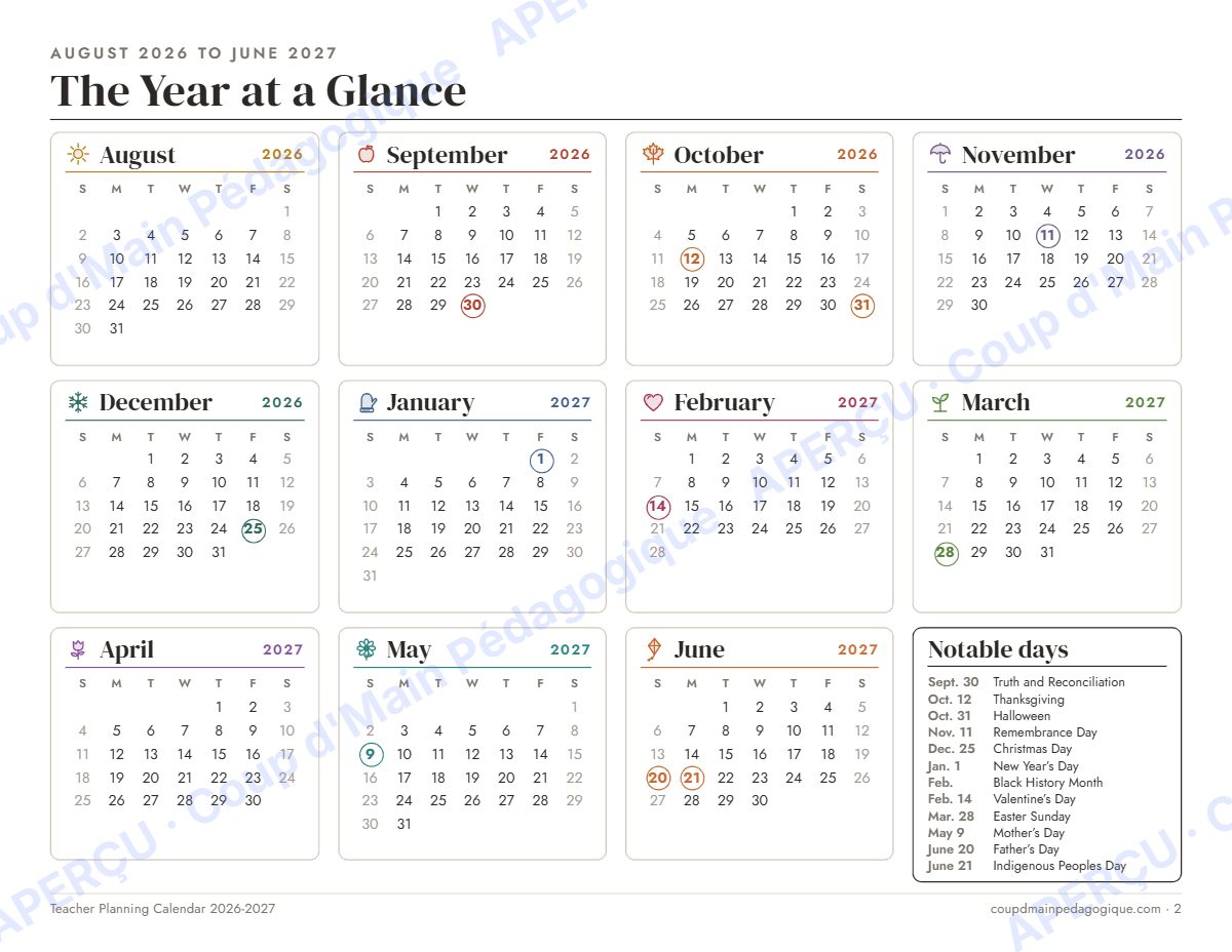 Page 2 — Calendrier du prof 2026-2027 (anglais) — gratuit