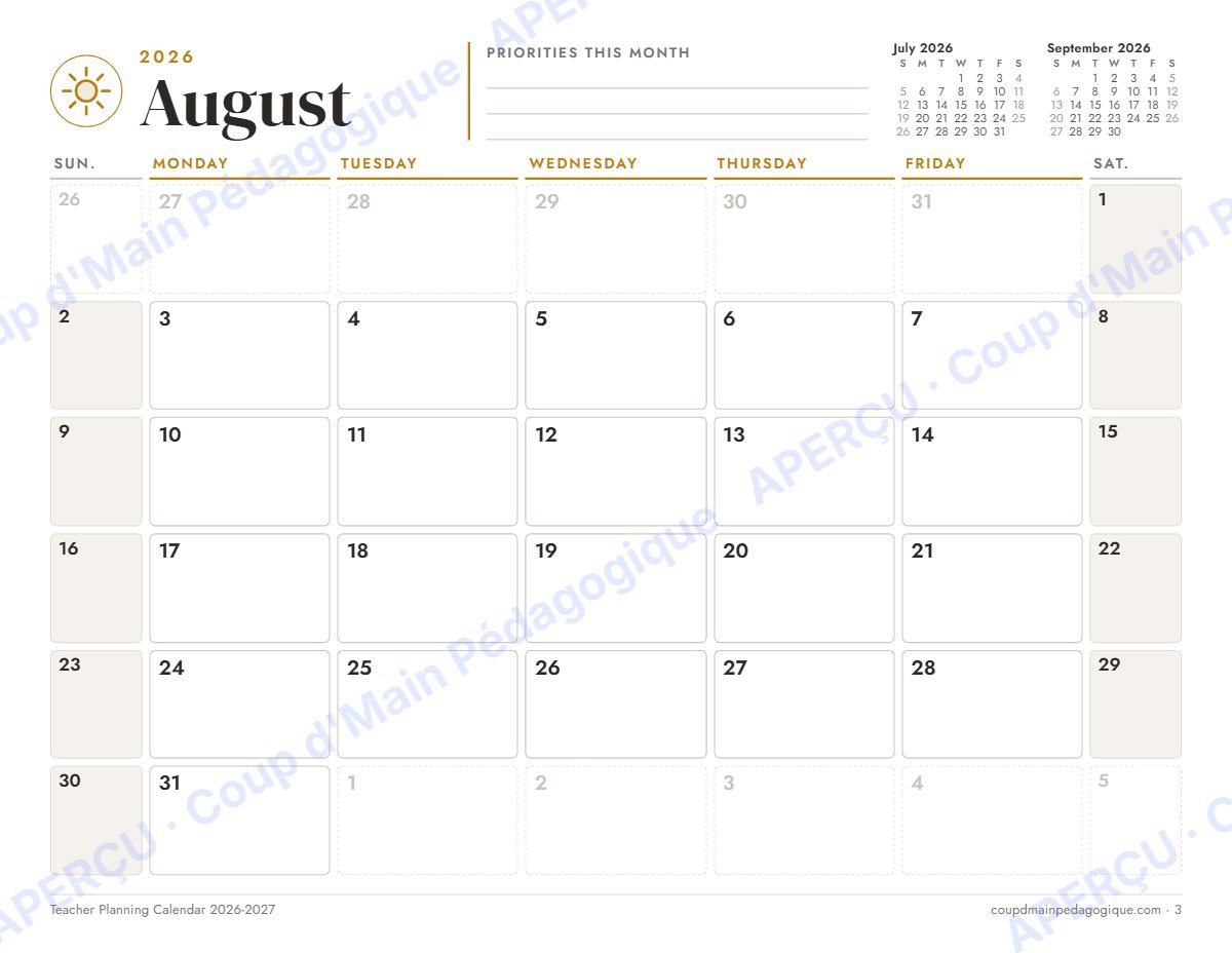 Page 3 — Calendrier du prof 2026-2027 (anglais) — gratuit