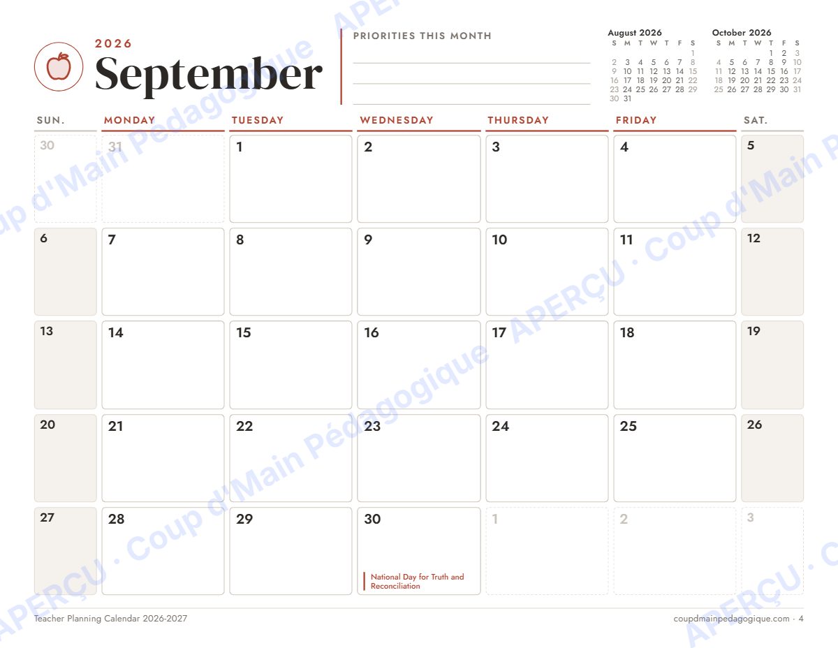 Page 4 — Calendrier du prof 2026-2027 (anglais) — gratuit