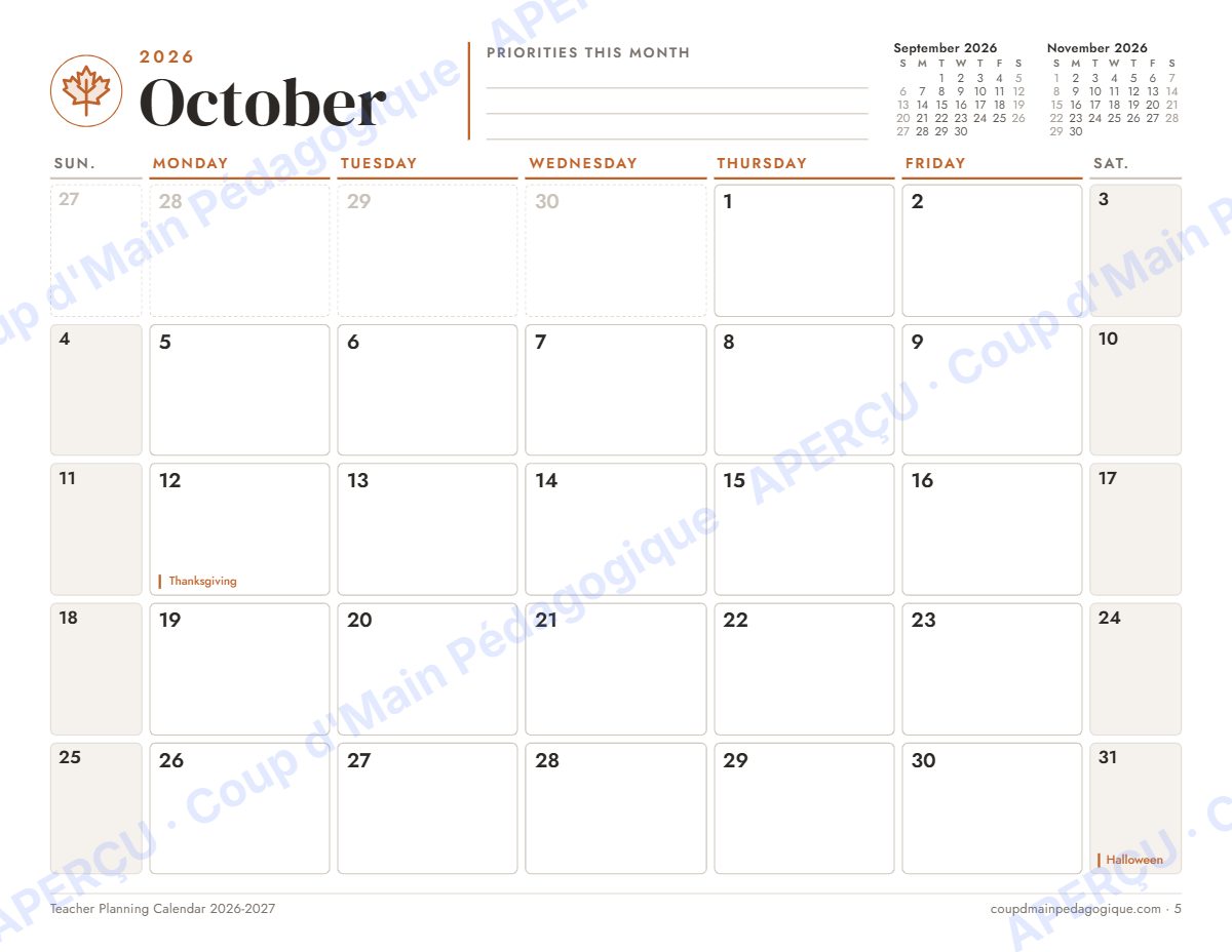 Page 5 — Calendrier du prof 2026-2027 (anglais) — gratuit