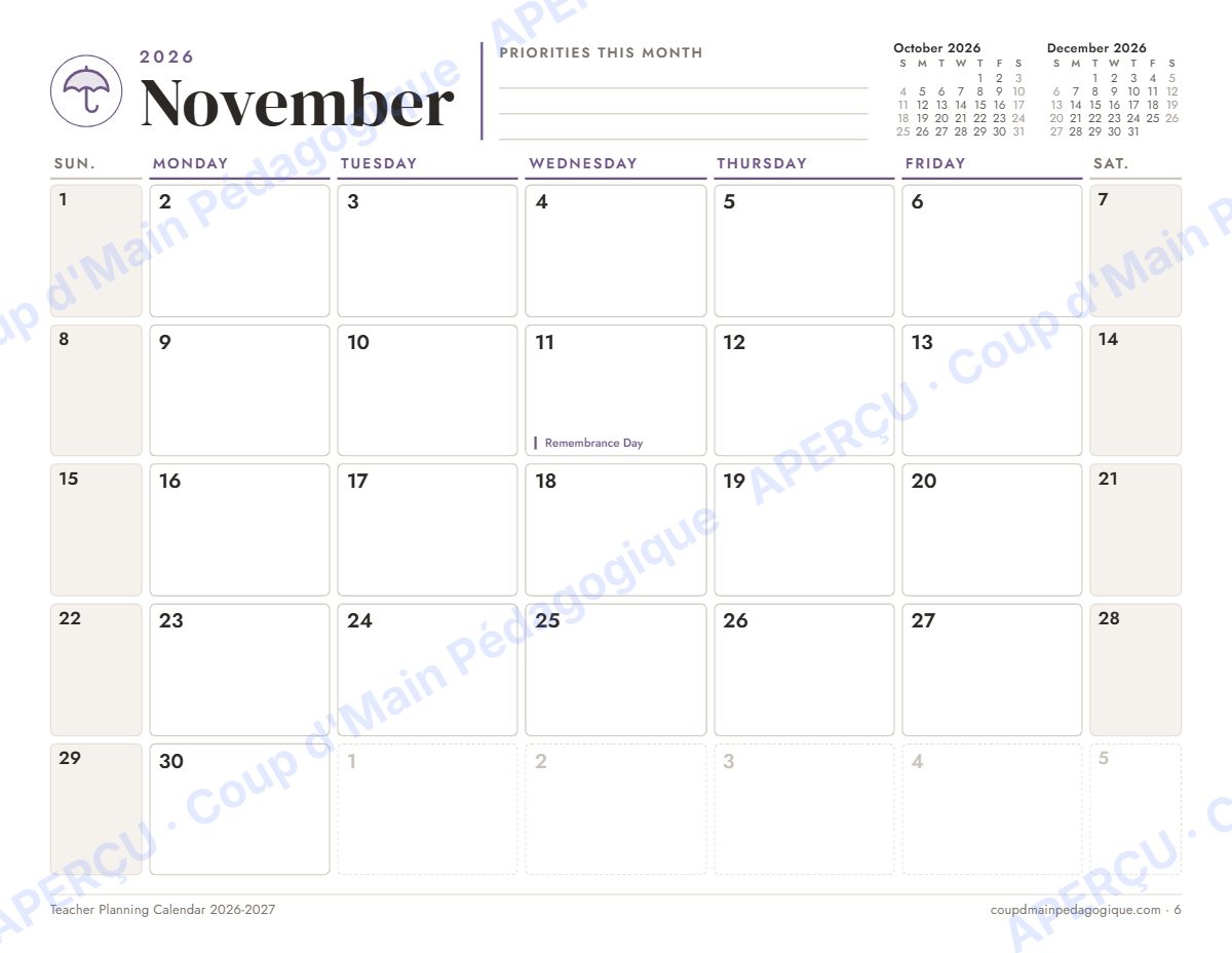 Page 6 — Calendrier du prof 2026-2027 (anglais) — gratuit
