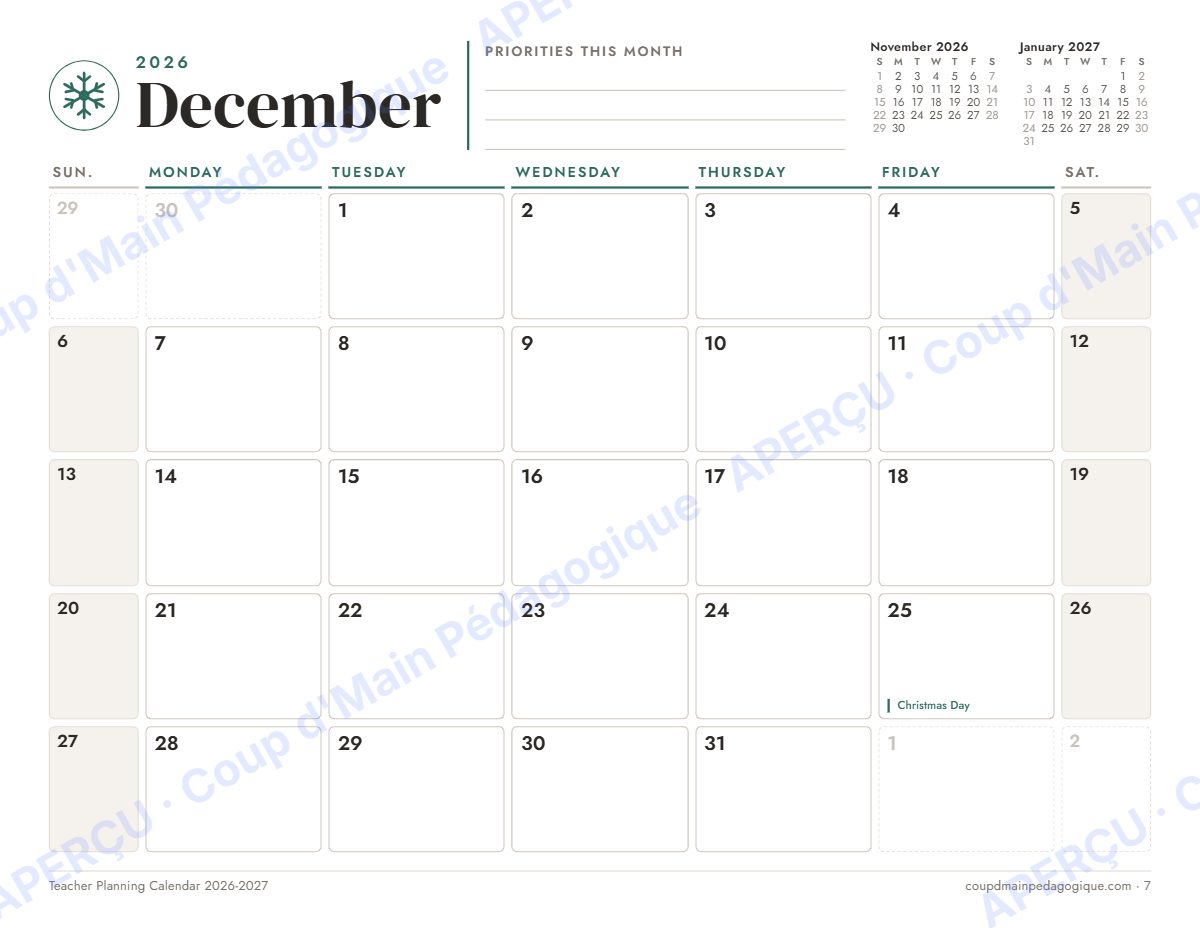 Page 7 — Calendrier du prof 2026-2027 (anglais) — gratuit