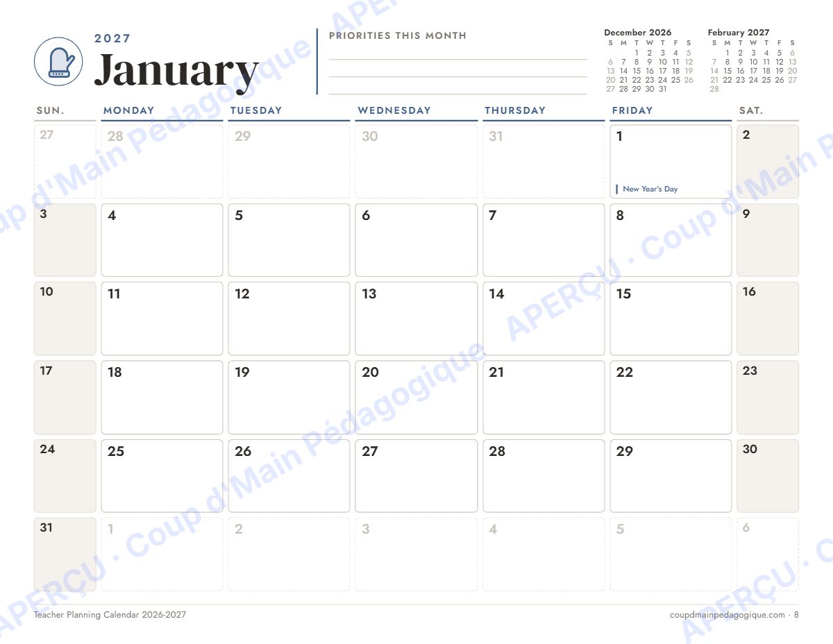 Page 8 — Calendrier du prof 2026-2027 (anglais) — gratuit