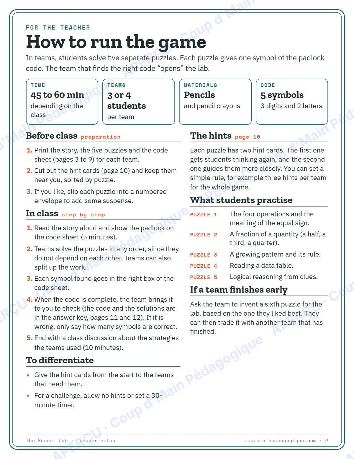 Page 2 — Jeu d'évasion en maths (anglais) — gratuit