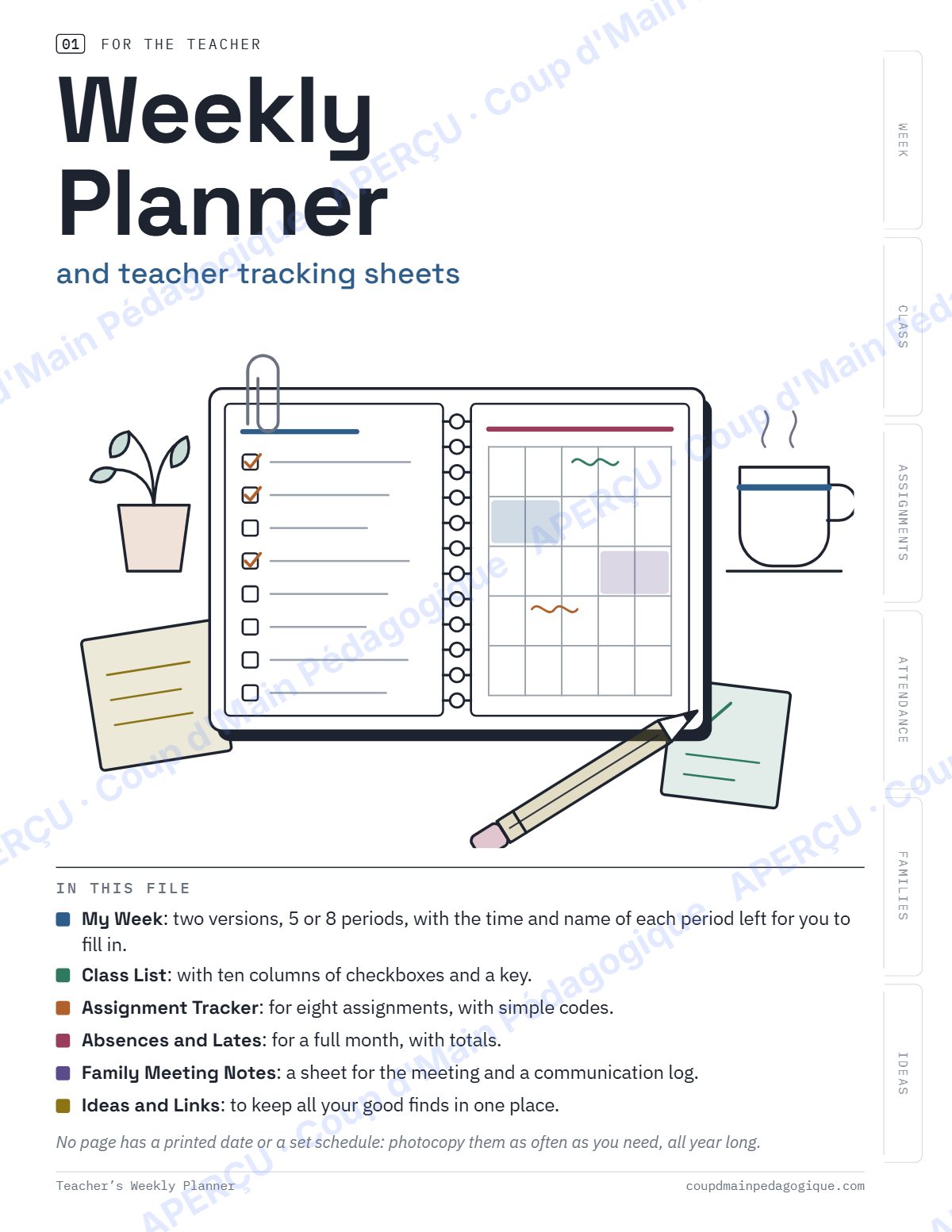 Page 1 — Agenda de la semaine du prof (anglais) — gratuit