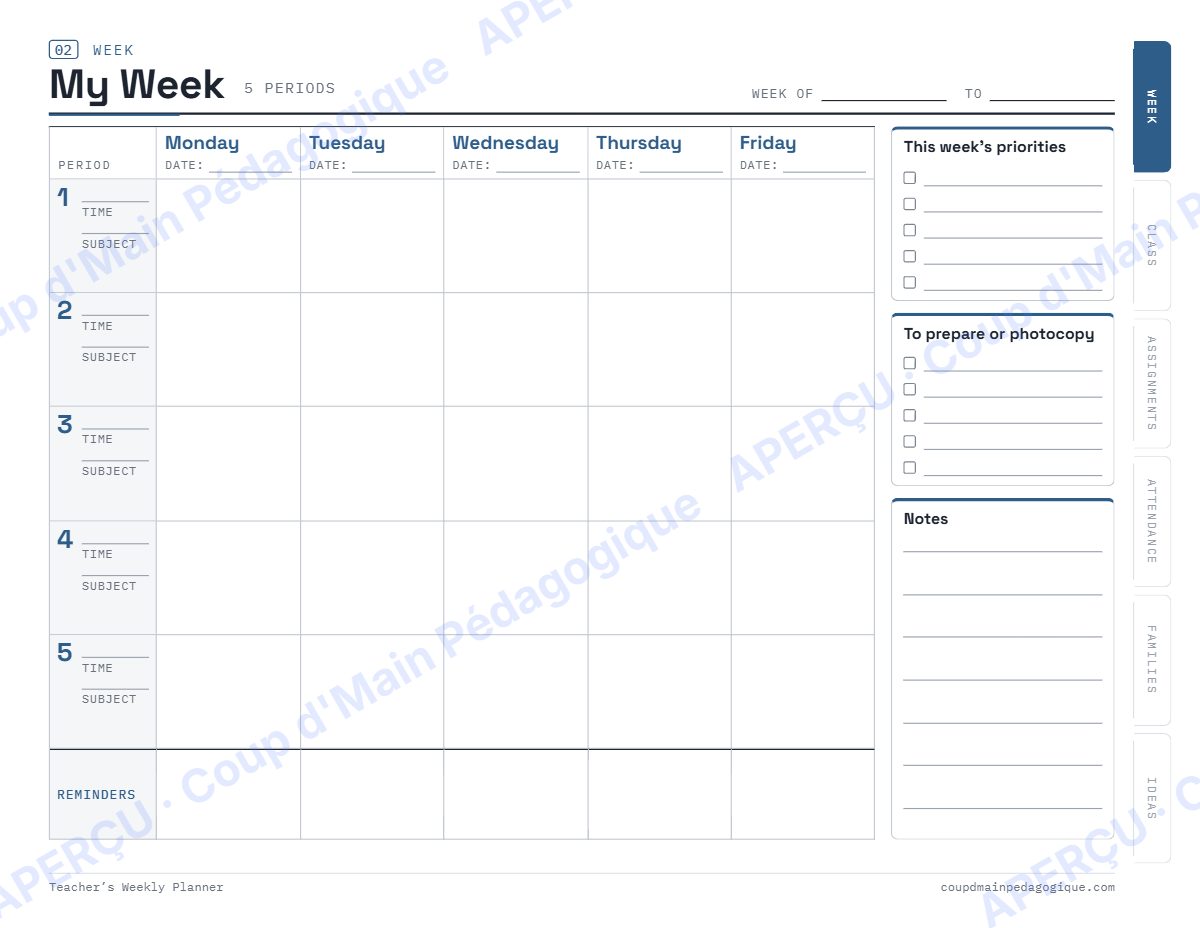 Page 2 — Agenda de la semaine du prof (anglais) — gratuit
