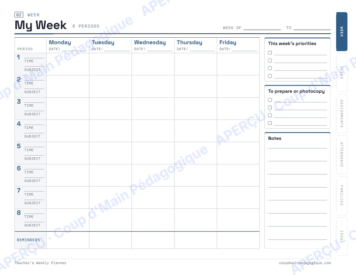 Page 3 — Agenda de la semaine du prof (anglais) — gratuit