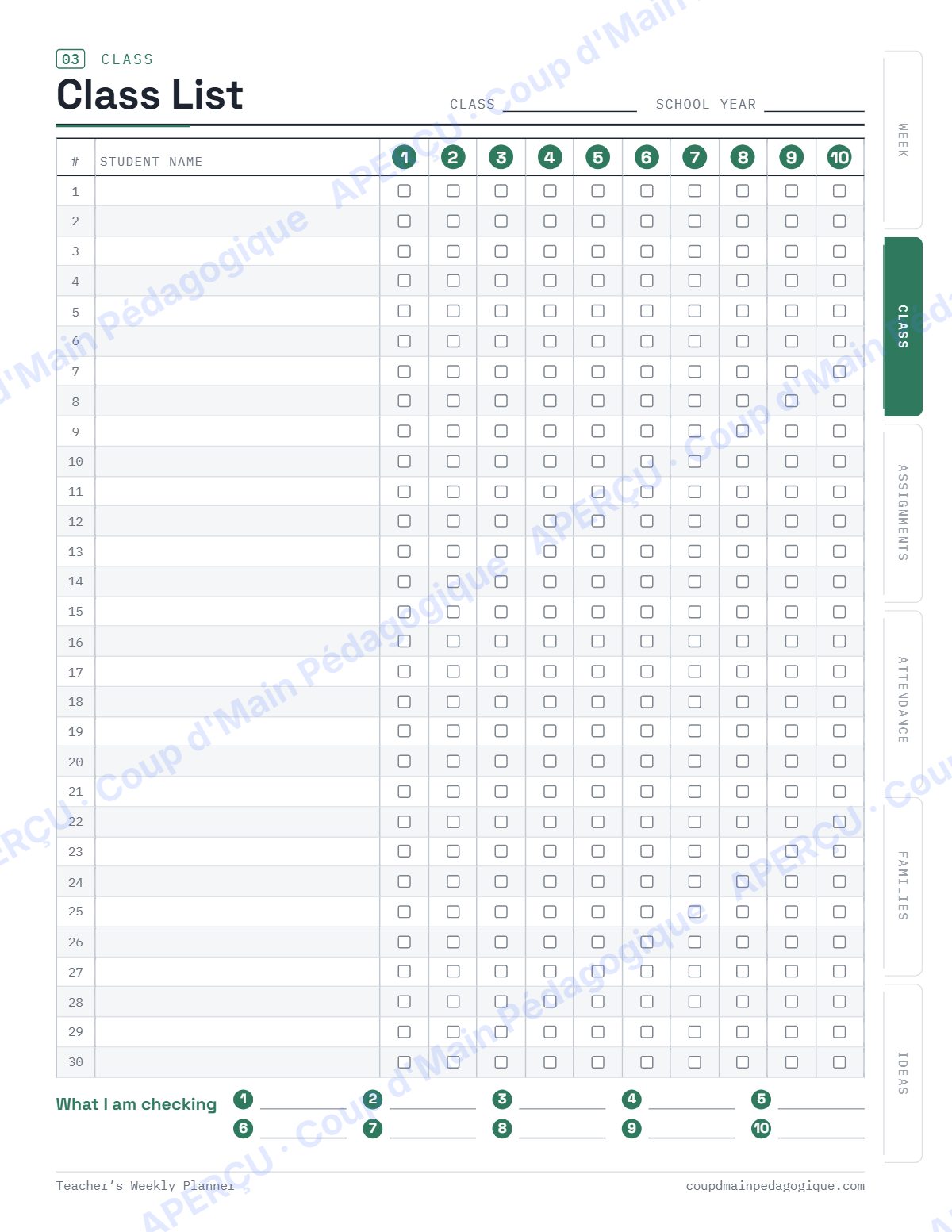 Page 4 — Agenda de la semaine du prof (anglais) — gratuit