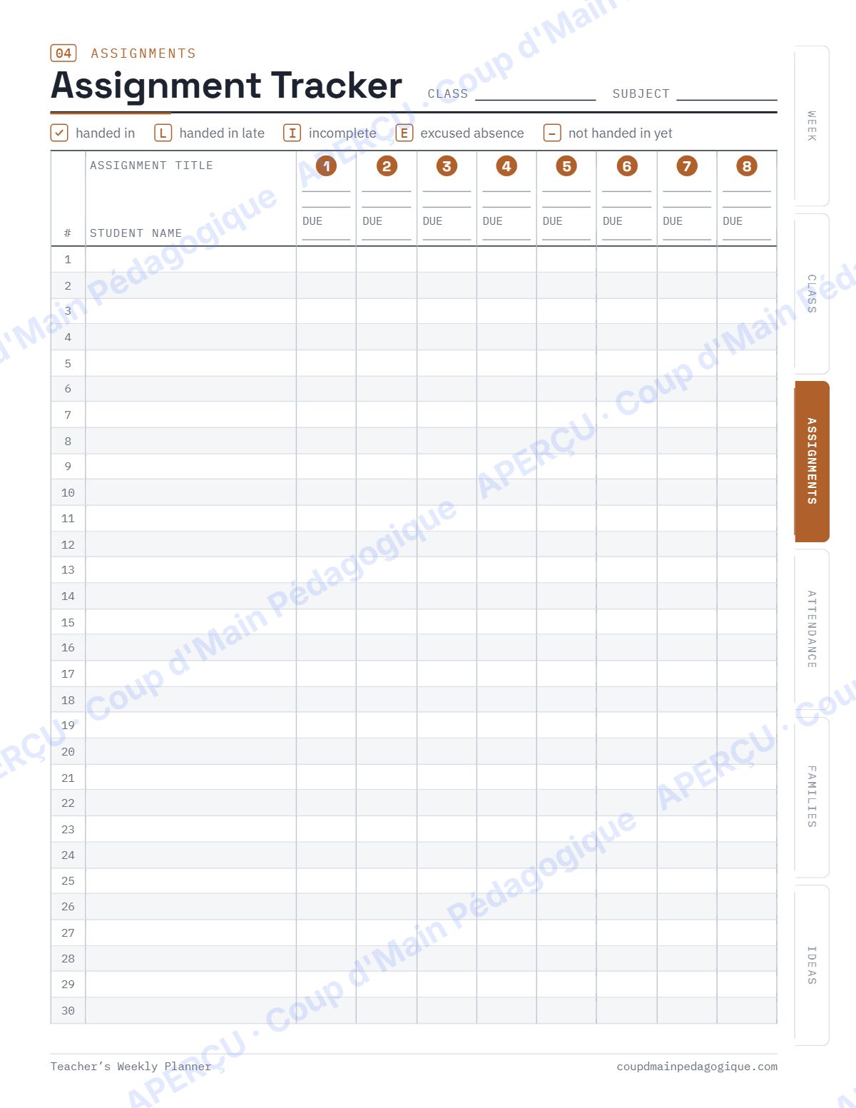 Page 5 — Agenda de la semaine du prof (anglais) — gratuit