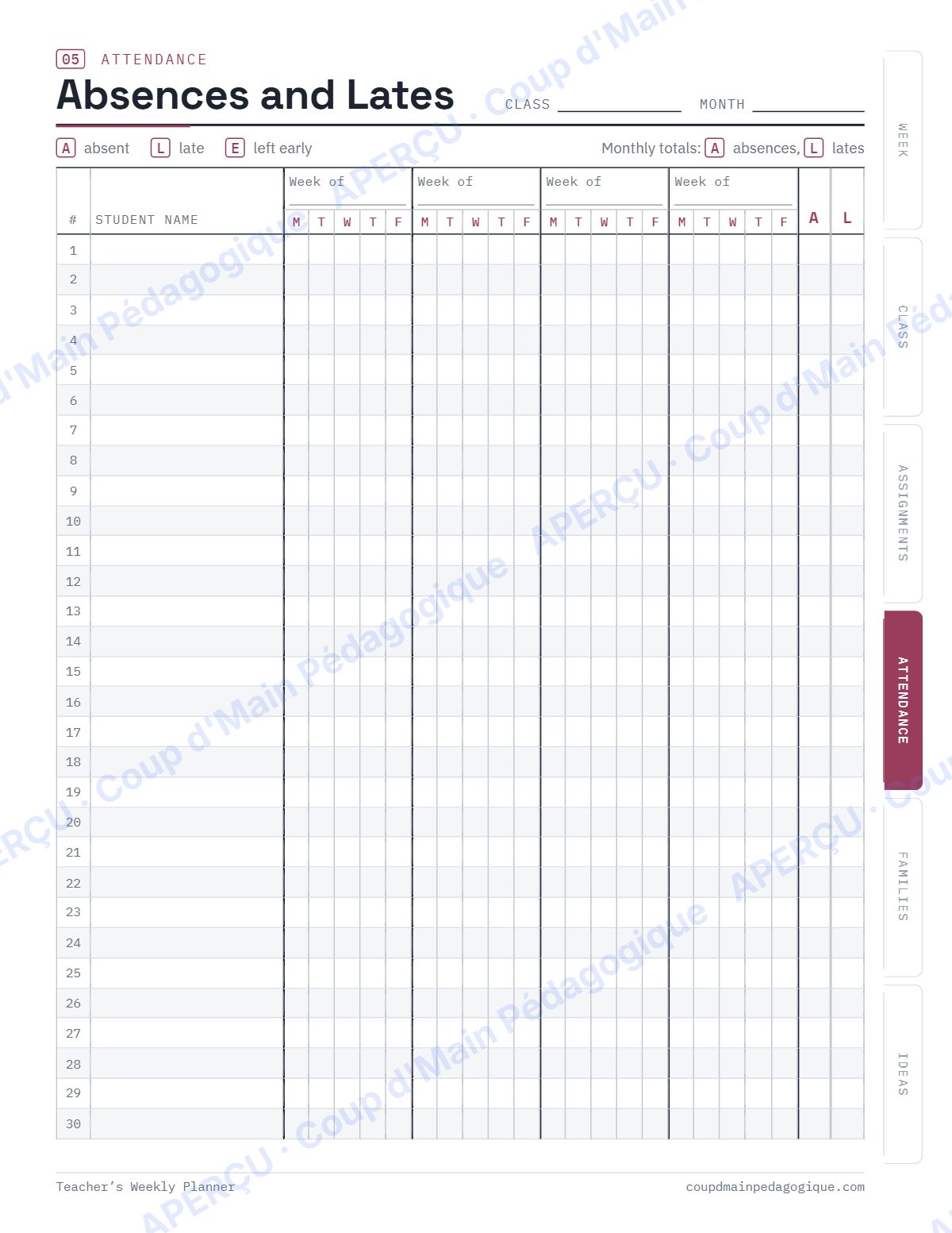 Page 6 — Agenda de la semaine du prof (anglais) — gratuit
