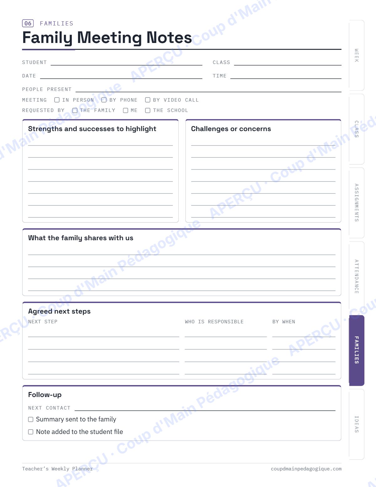 Page 7 — Agenda de la semaine du prof (anglais) — gratuit