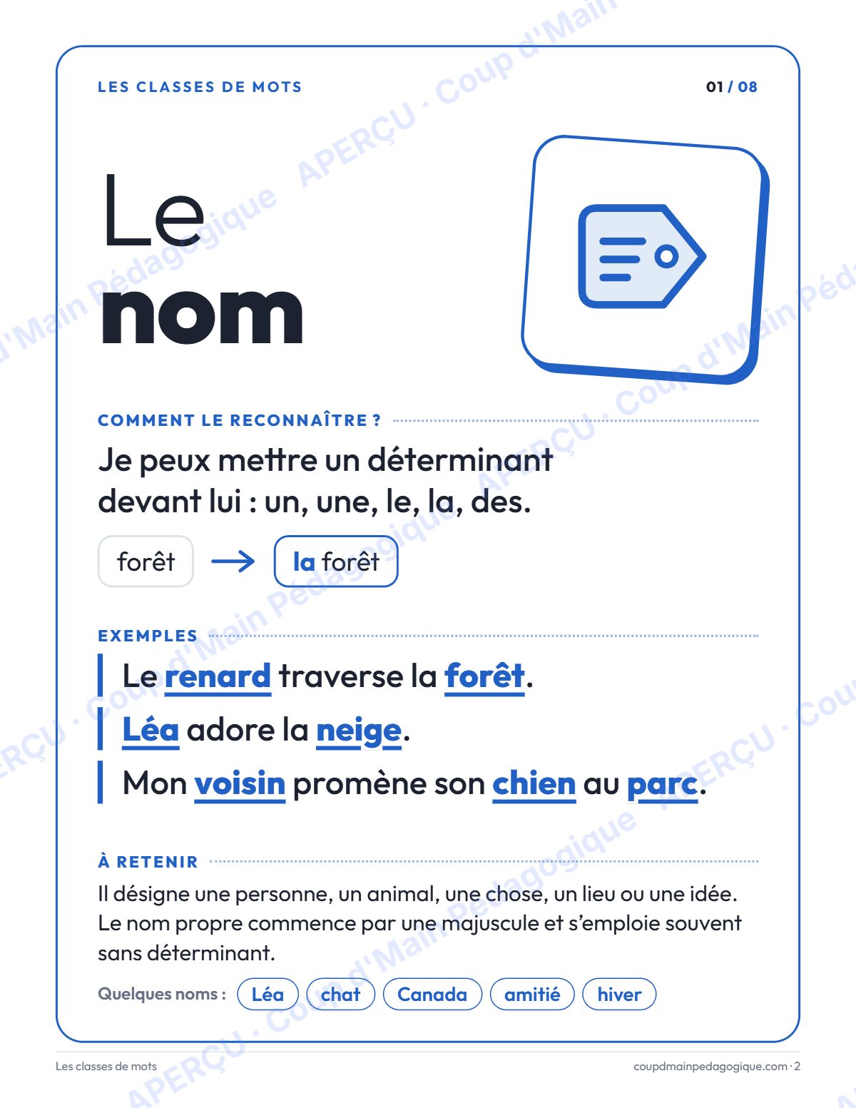 Page 2 — Affiches des classes de mots — 4e-7e année, français