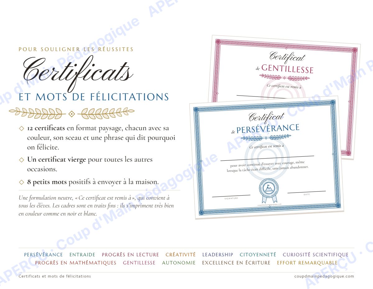 Page 1 — Certificats de félicitations — 2e-5e année, classe