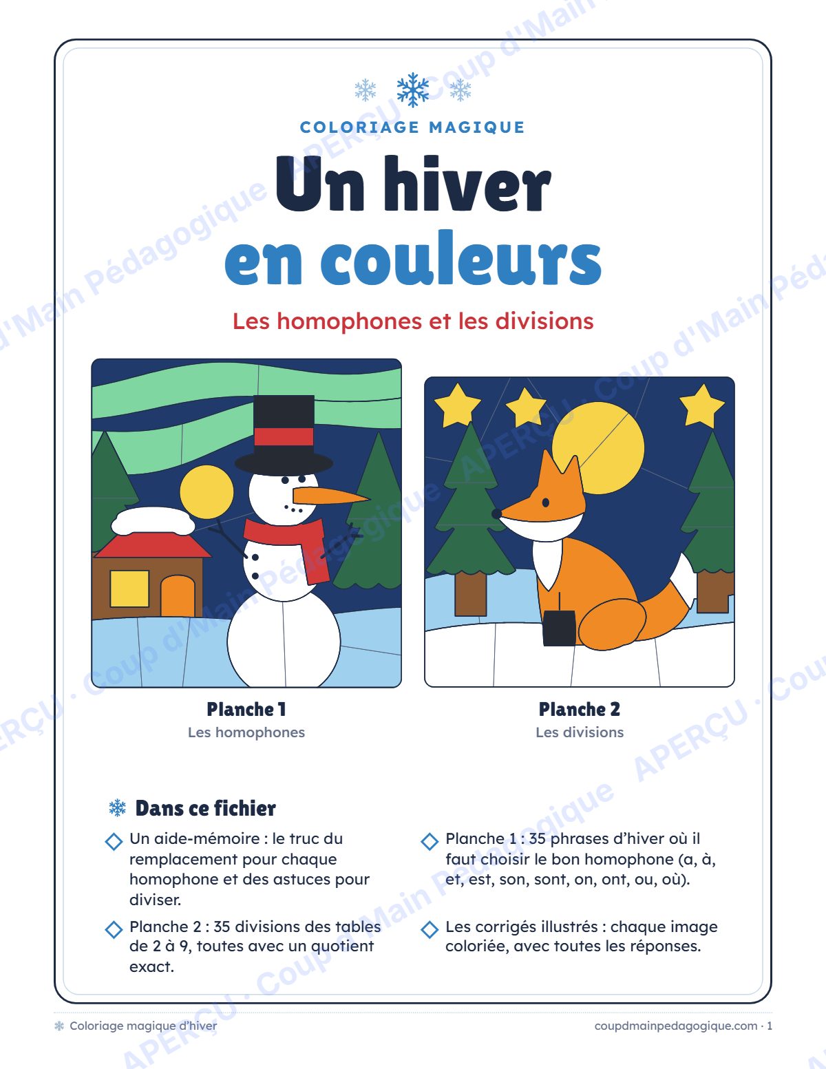 Page 1 — Coloriage magique d'hiver — 3e-5e année, jeux
