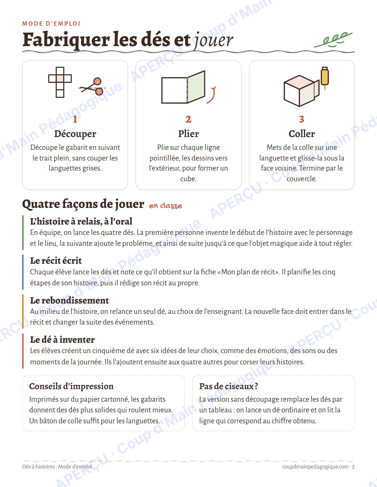 Page 2 — Dés à histoires — 3e-6e année, atelier d'écriture