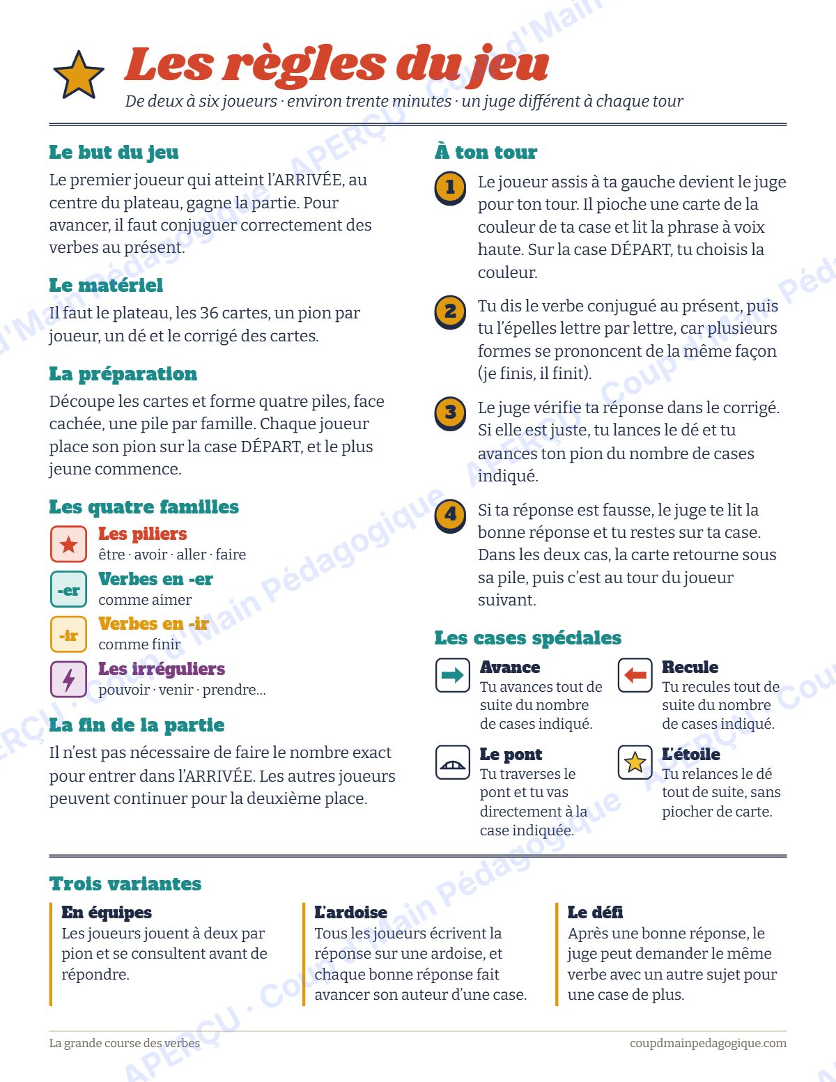 Page 2 — Jeu de la conjugaison au présent — 3e-6e année, jeux