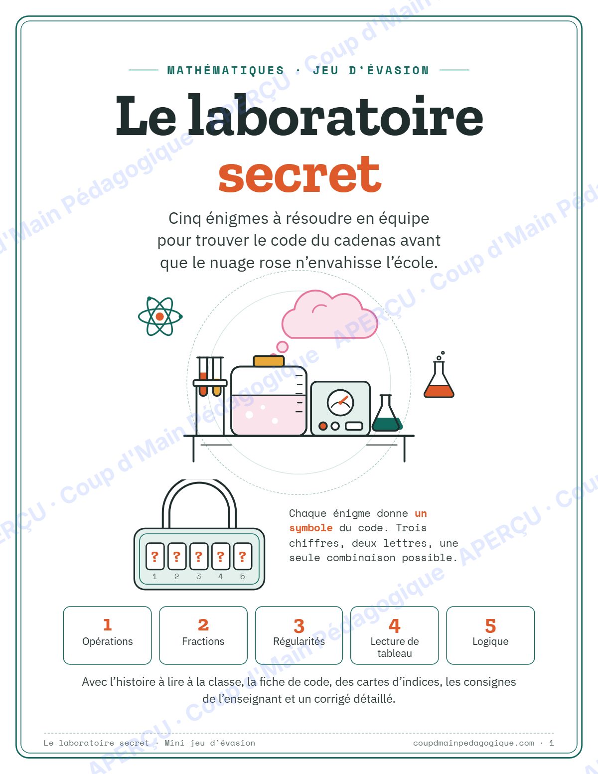 Page 1 — Mini jeu d'évasion en maths — 4e-6e année, jeux