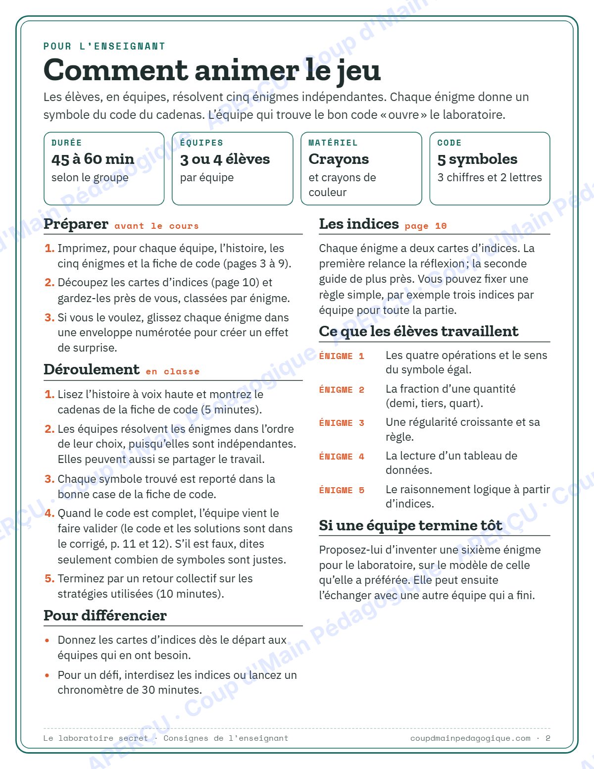 Page 2 — Mini jeu d'évasion en maths — 4e-6e année, jeux