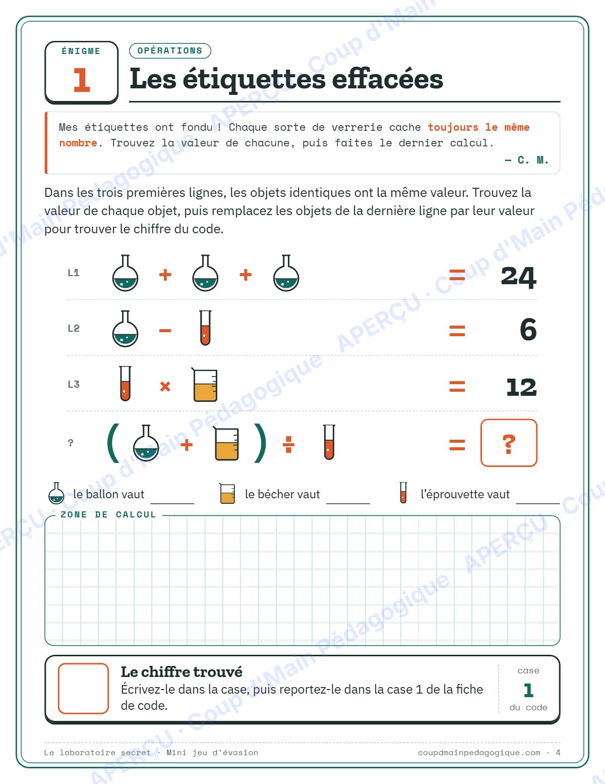 Page 4 — Mini jeu d'évasion en maths — 4e-6e année, jeux