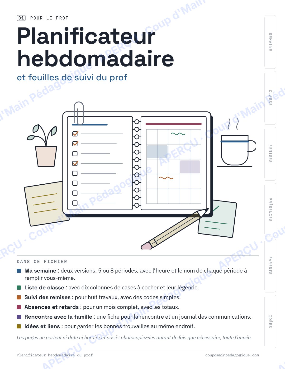 Page 1 — Planificateur hebdomadaire du prof — tous niveaux