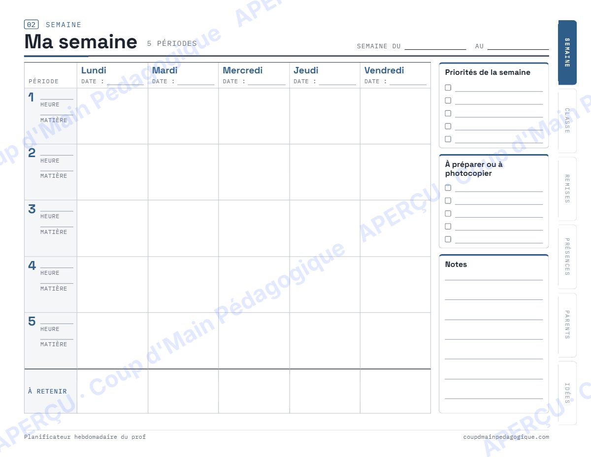 Page 2 — Planificateur hebdomadaire du prof — tous niveaux
