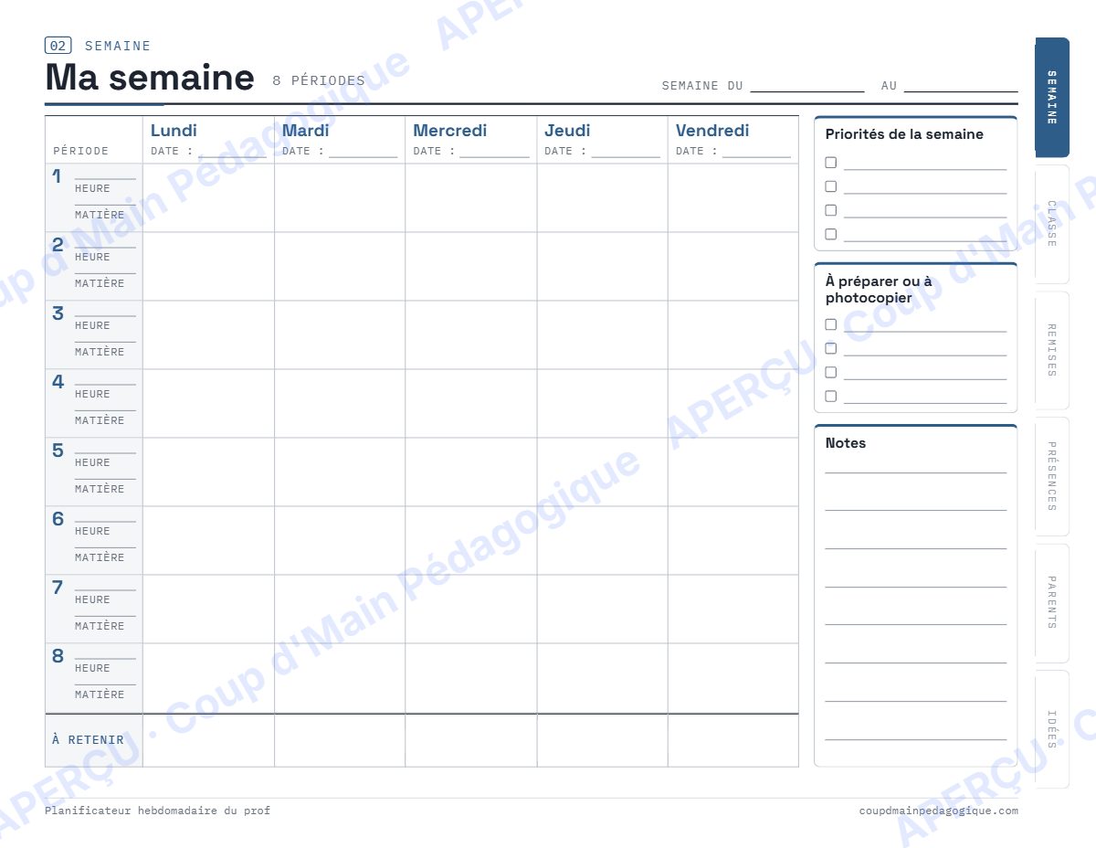 Page 3 — Planificateur hebdomadaire du prof — tous niveaux