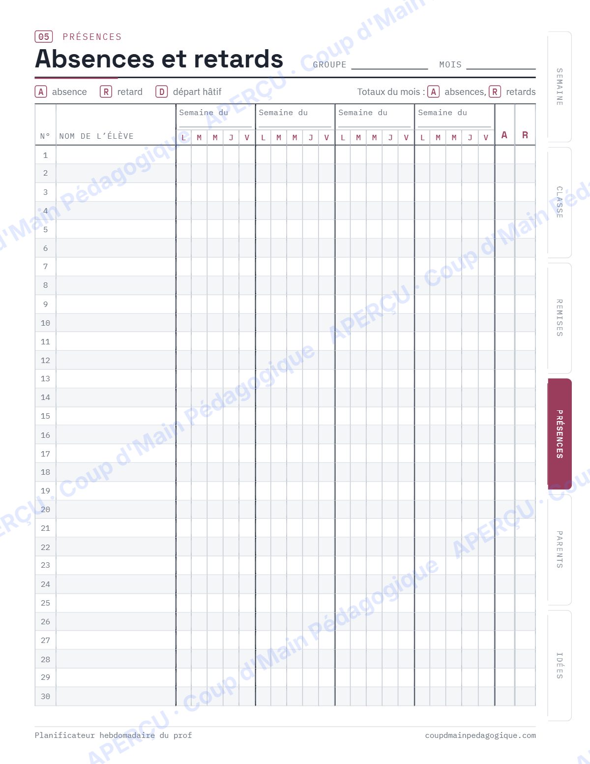 Page 6 — Planificateur hebdomadaire du prof — tous niveaux