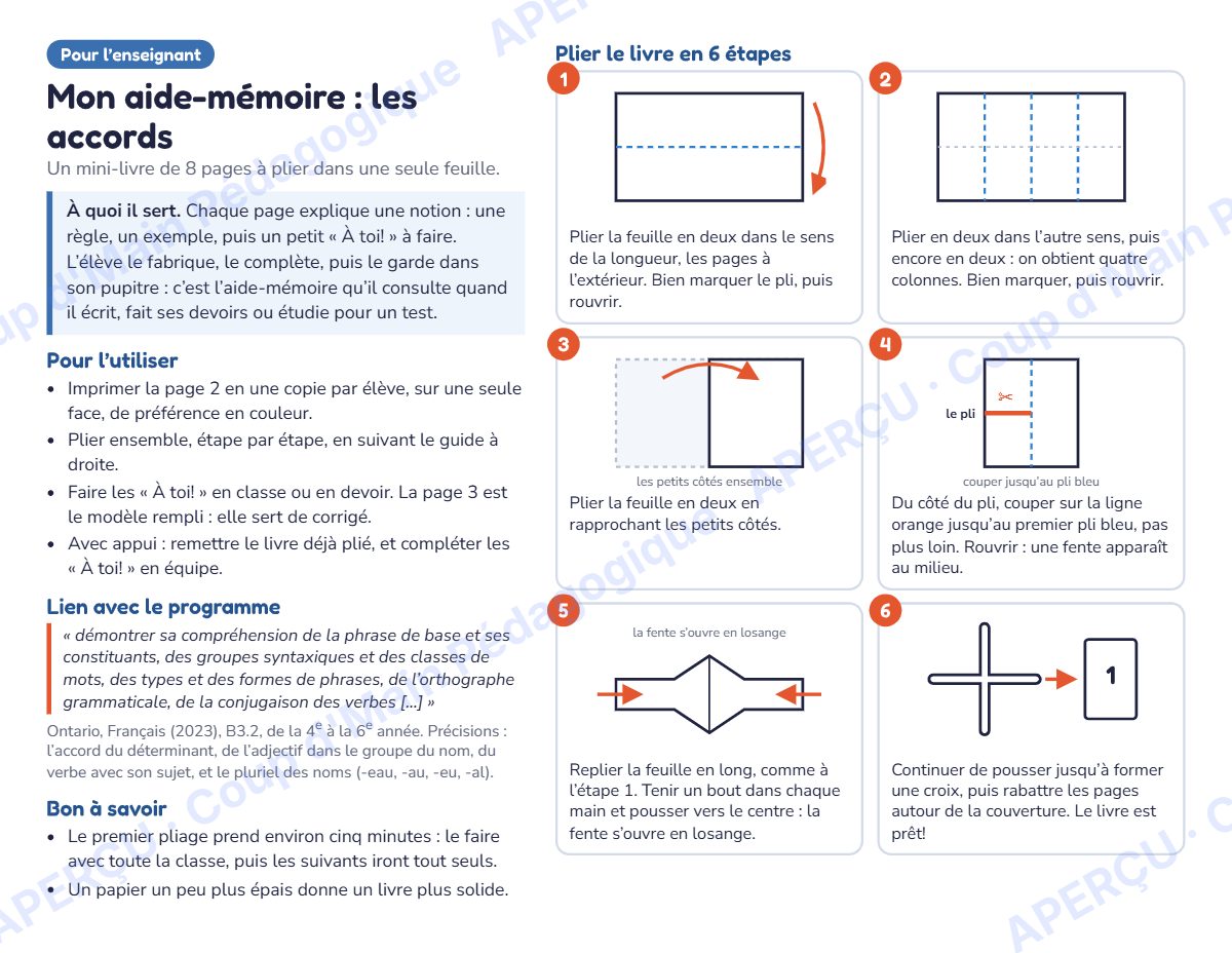 Page 1 — Mini-livre des accords — 4e-6e année, aide-mémoire
