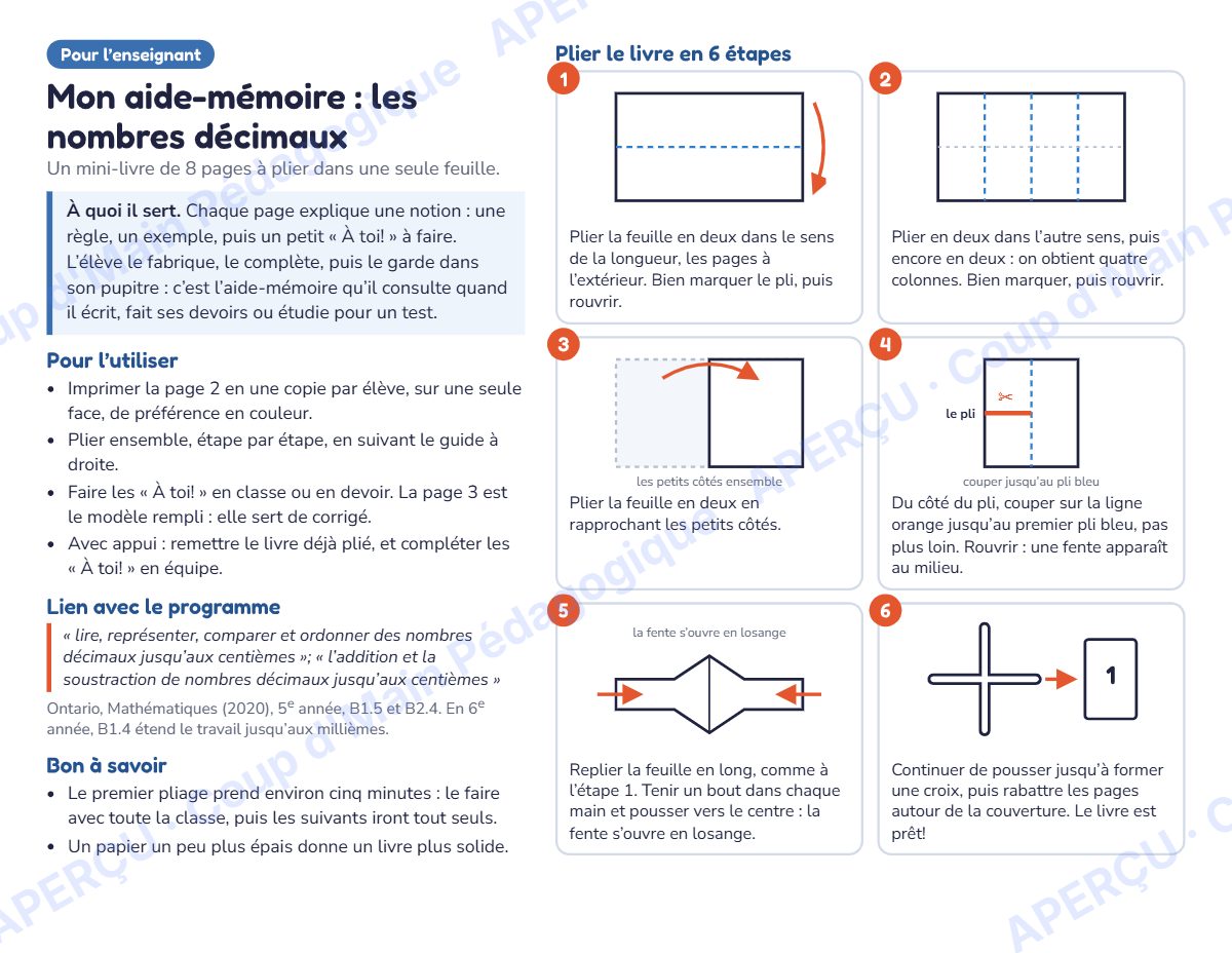 Page 1 — Mini-livre des nombres décimaux — 5e-6e année, maths
