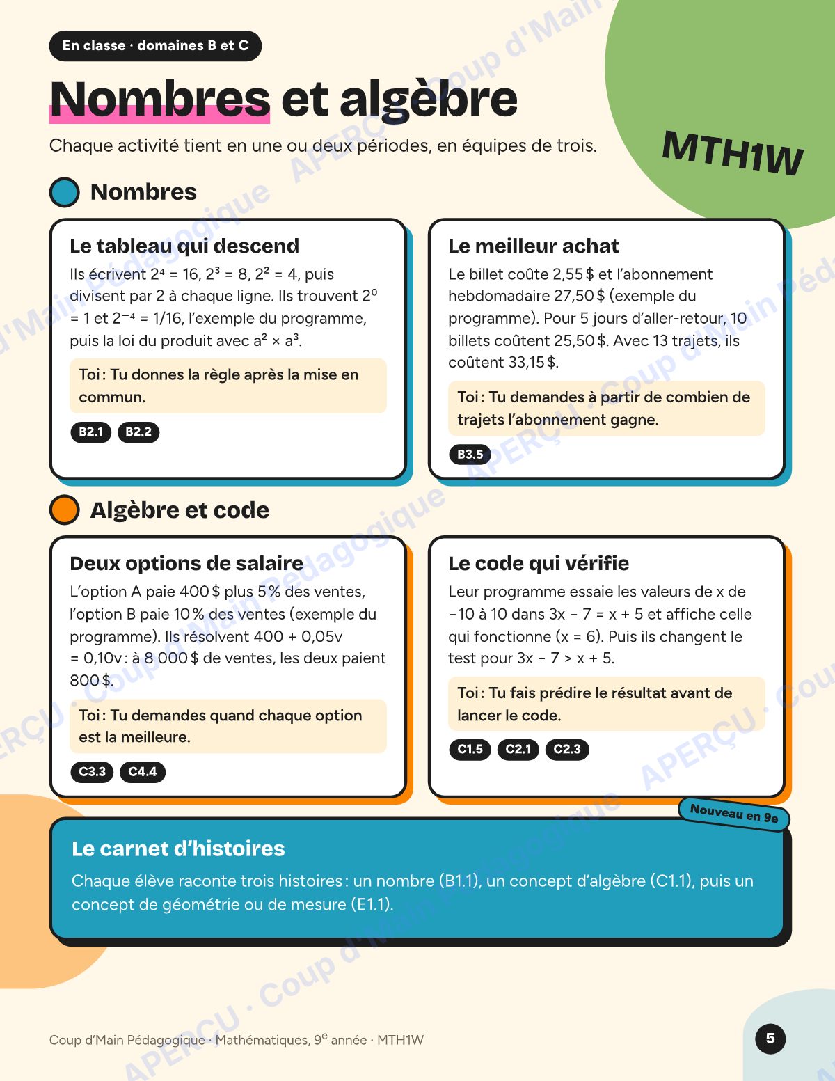 Page 5 — Planification MTH1W Mathématiques — 9e année