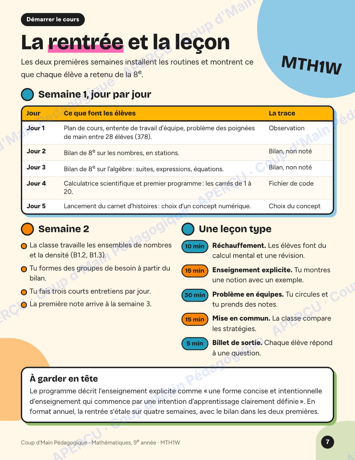 Page 7 — Planification MTH1W Mathématiques — 9e année