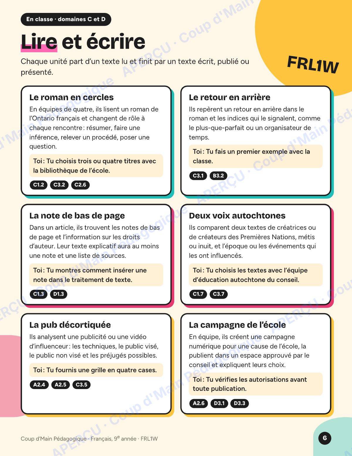 Page 6 — Planification FRL1W Français — 9e année