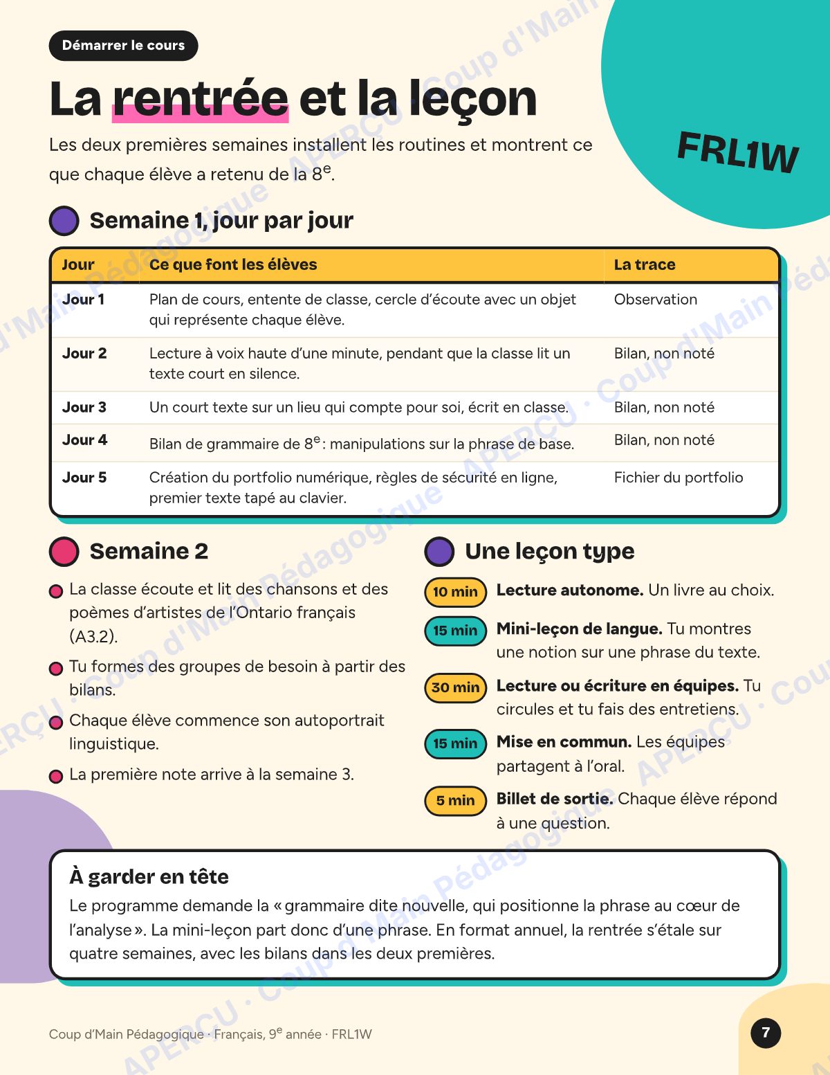 Page 7 — Planification FRL1W Français — 9e année