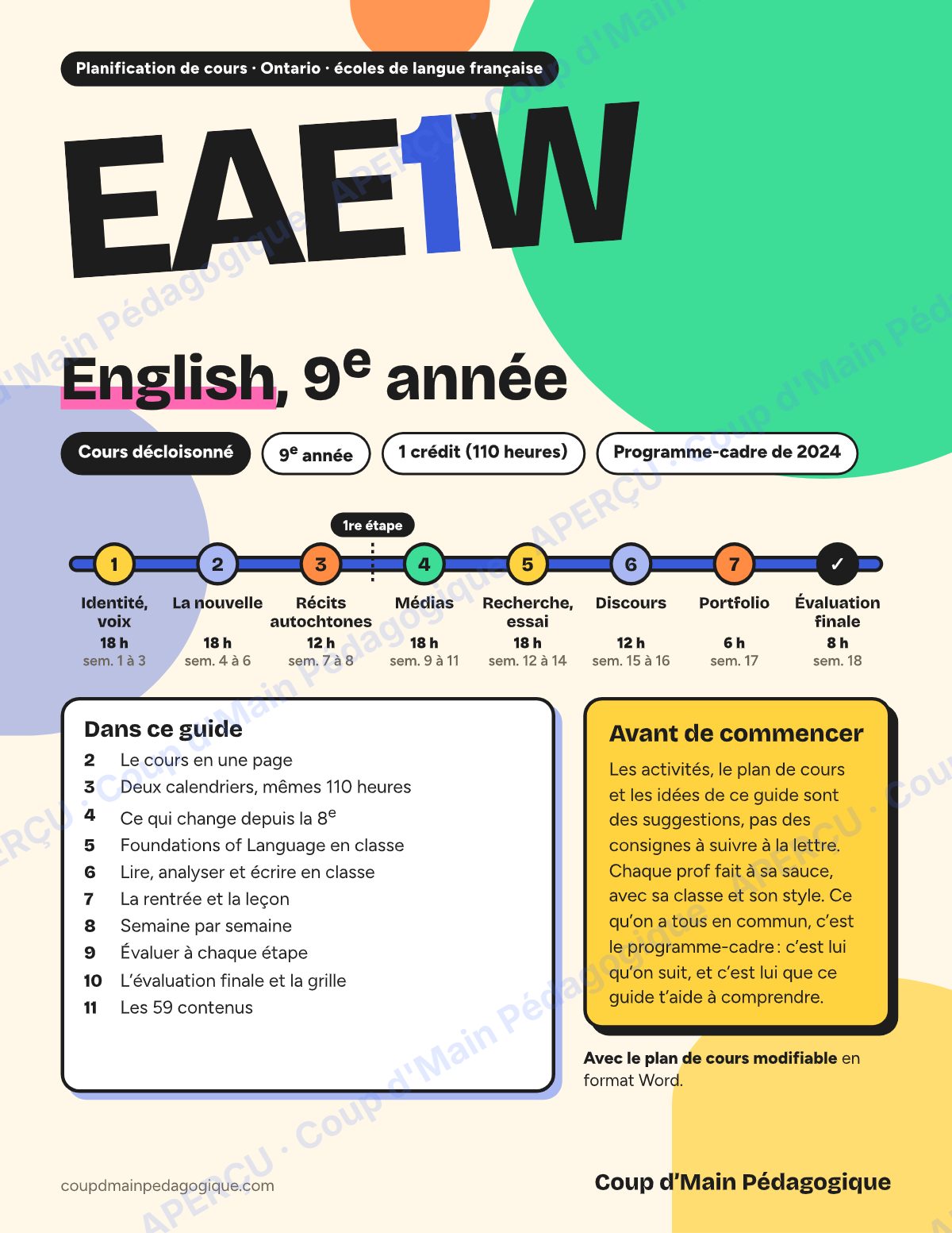 Page 1 — Planification EAE1W English — 9e année