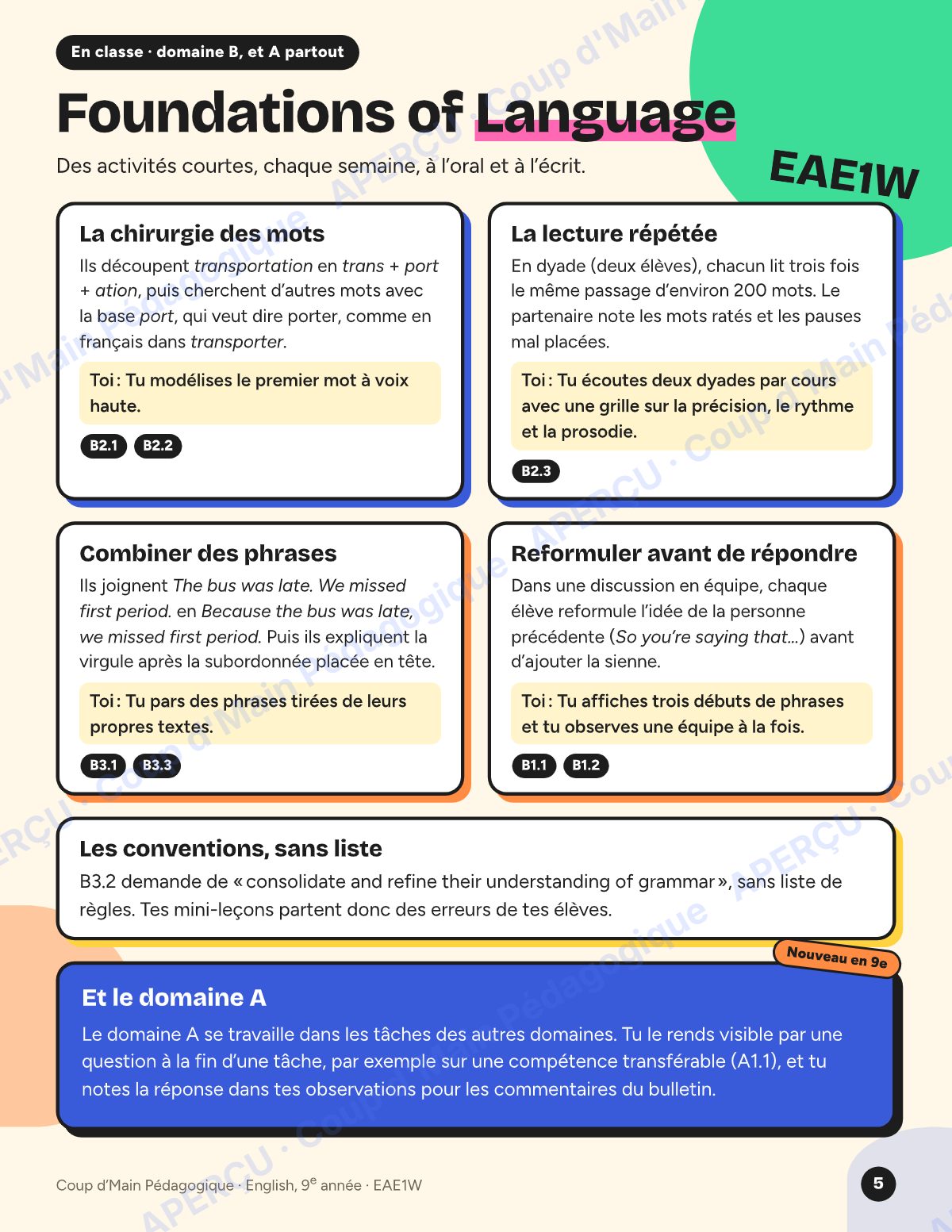 Page 5 — Planification EAE1W English — 9e année