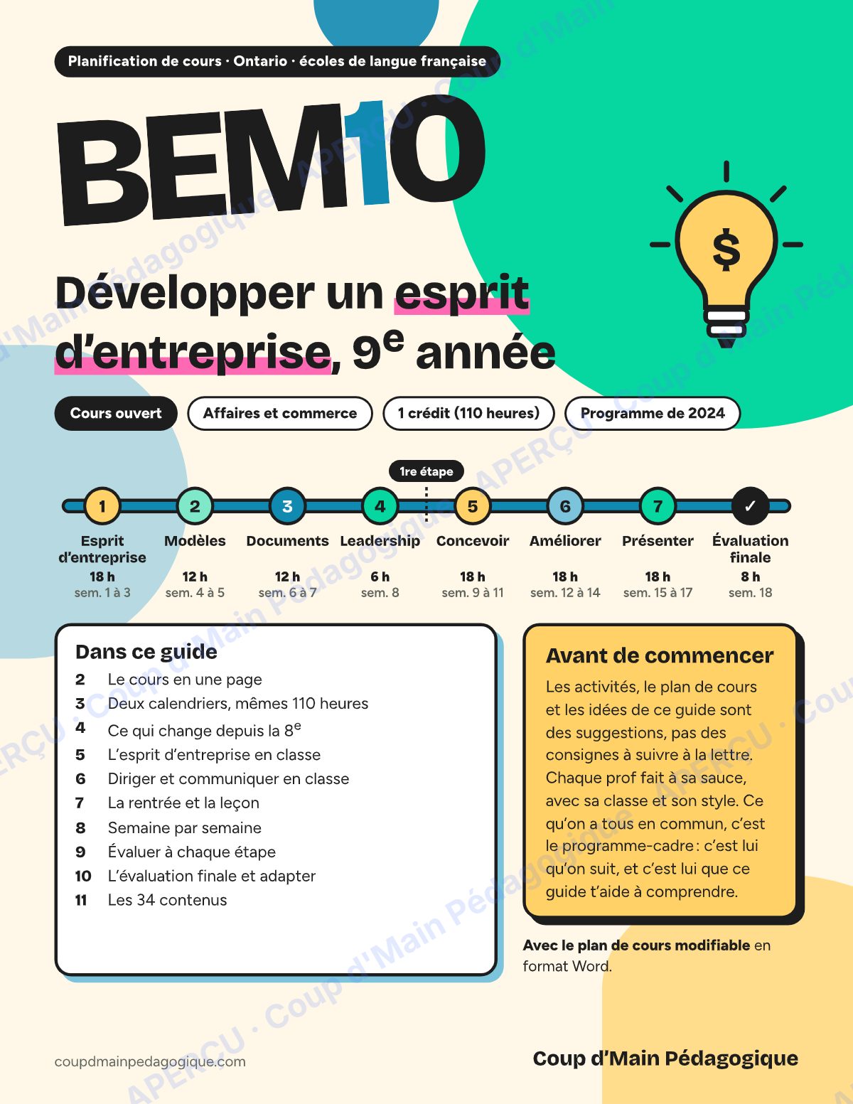 Page 1 — Planification BEM1O Esprit d'entreprise — 9e année