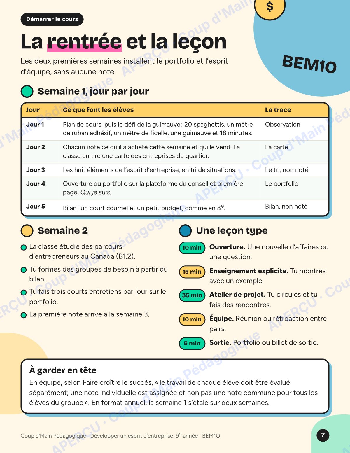 Page 7 — Planification BEM1O Esprit d'entreprise — 9e année