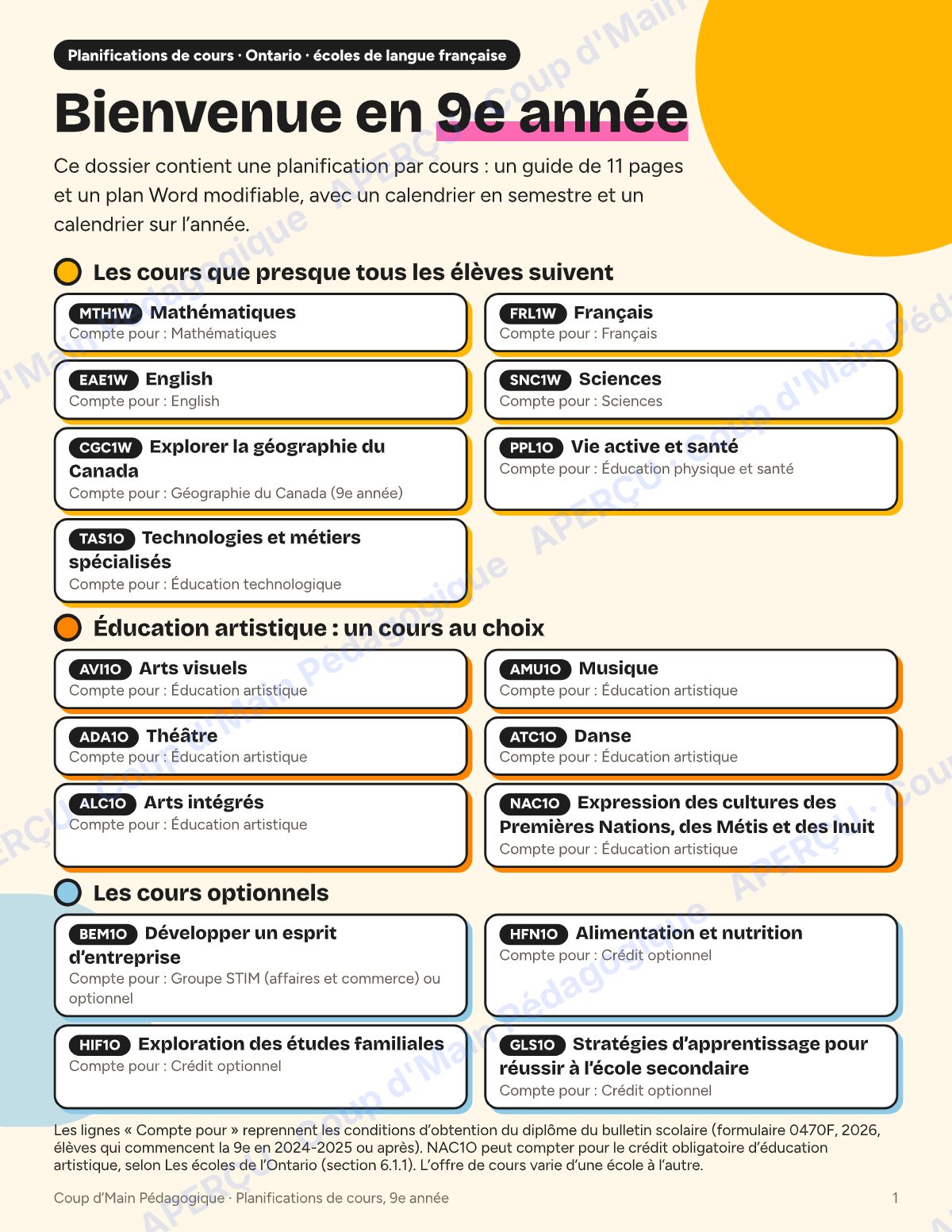 Page 1 — Planifications de cours 9e année — 17 cours